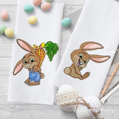 Два Кролика с морковкой Дизайны машинной вышивки -3 размера