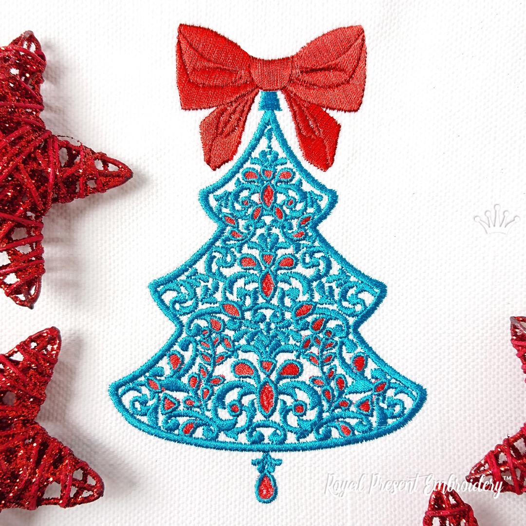 Дизайн машинной вышивки Рождественская елочка с рубинами - 7 размеров