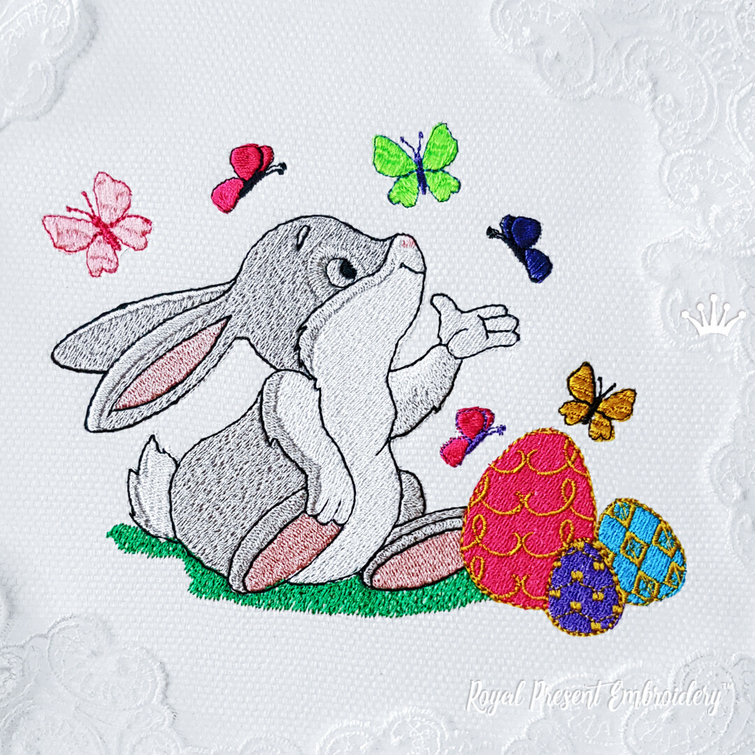 Дизайн машинной вышивки Кролик с бабочками