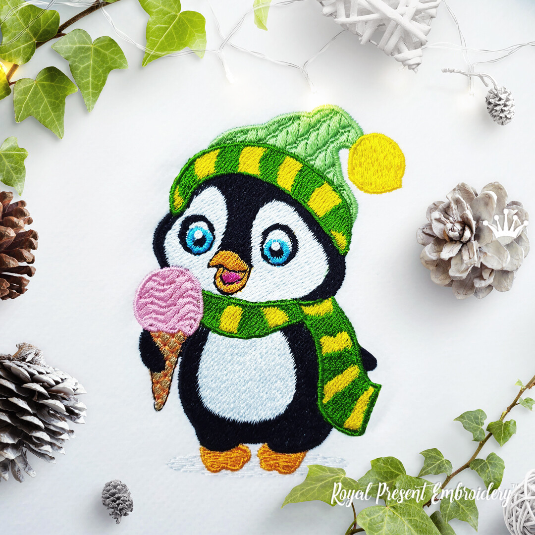 Новогодний пингвин с мороженым Дизайн для машинной вышивки