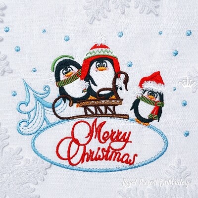 Дизайн машинной вышивки Пингвины с санками - 2 размера