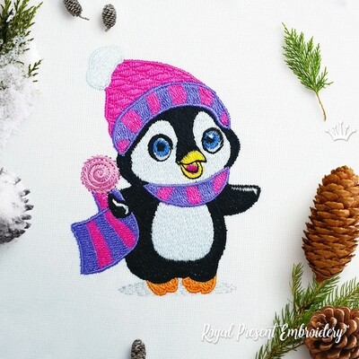 Новогодний пингвин с леденцом Дизайн машинной вышивки