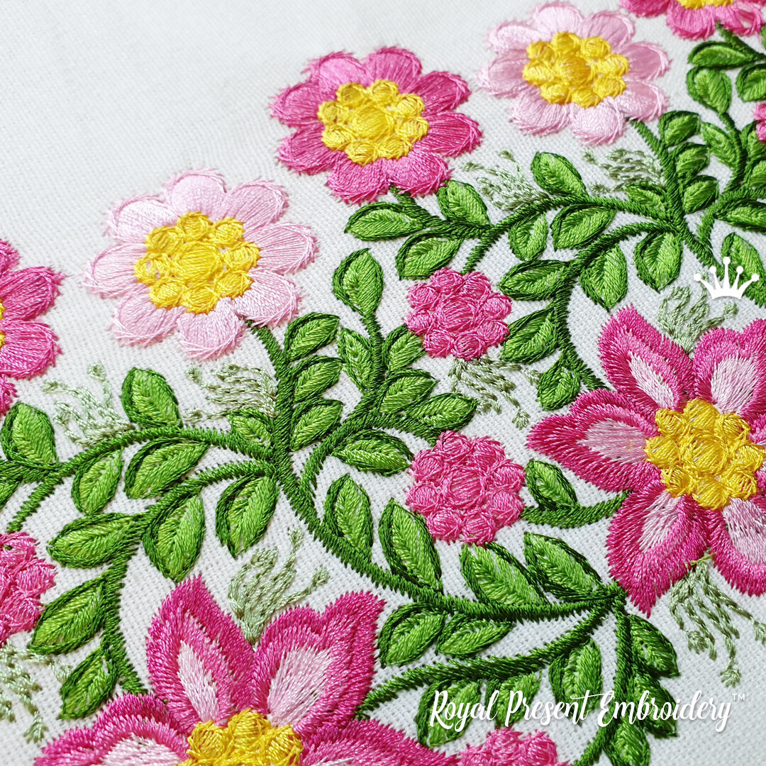 Бордюр с розовыми цветами Дизайн машинной вышивки