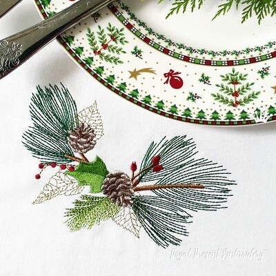 Зимний угол с еловыми ветками и шишкой дизайн вышивки - 3 размера