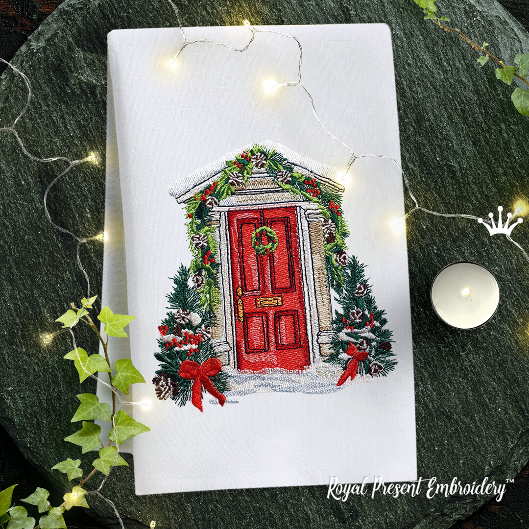 Рождественская дверь с гирляндой Дизайн Машинной Вышивки - 5 размеров