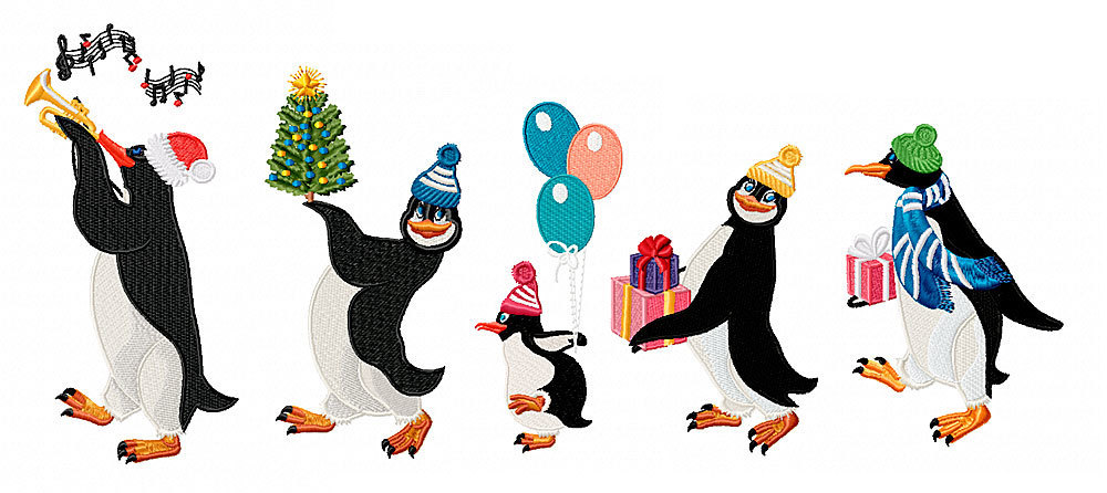 Новогодние Дизайны машинной вышивки Пингвины - 5 в 1