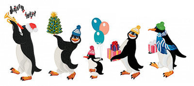 Новогодние Дизайны машинной вышивки Пингвины - 5 в 1