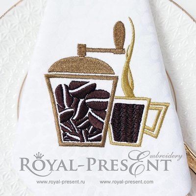 Дизайн машинной вышивки Кофемолка и чашка кофе