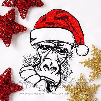 Дизайн машинной вышивки Новогодняя обезьяна в колпаке Деда Мороза