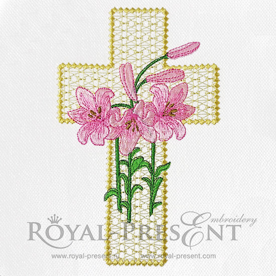 Дизайн машинной вышивки Пасхальный крест с лилиями