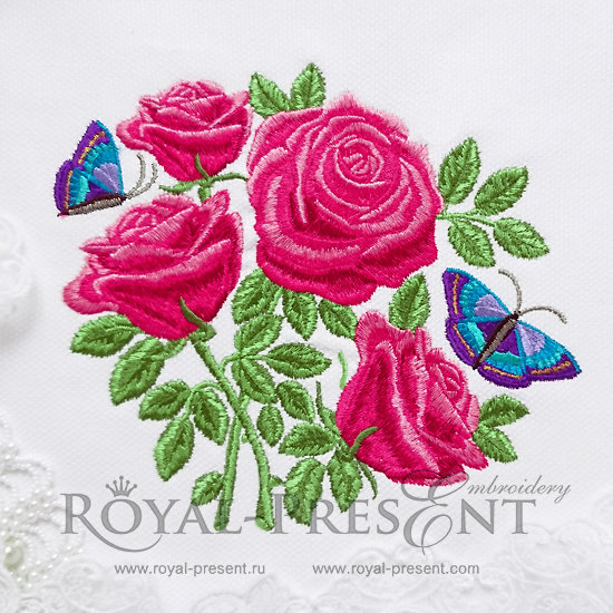 Дизайн машинной вышивки Букет садовых роз с бабочками