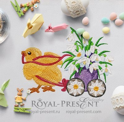 Дизайн машинной вышивки Цыпленок везет яйцо с цветами