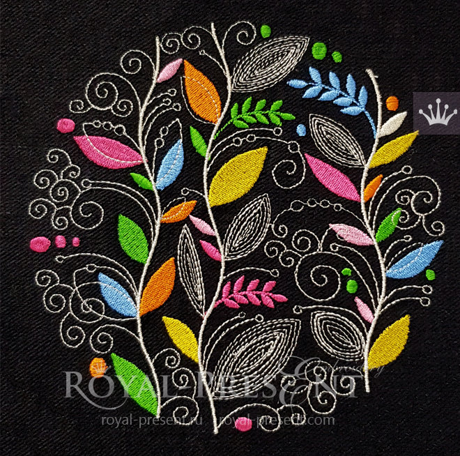 Дизайн машинной вышивки Орнамент из листьев - 6 размеров