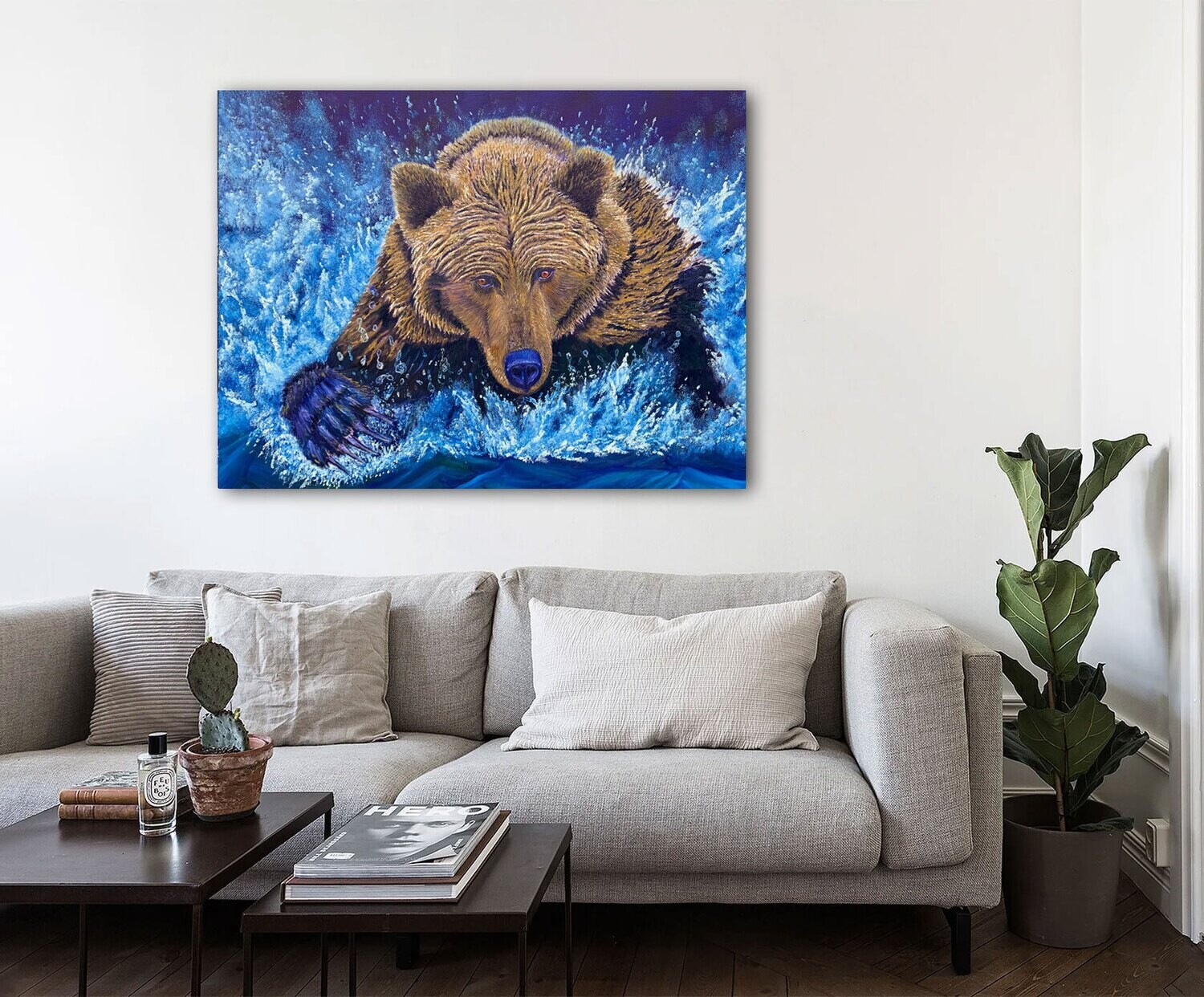 art prints grizzly bear, living room, large canvas display 