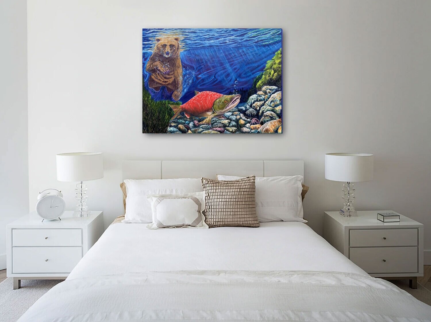 art prints grizzly bear, salmon, bedroom, large canvas artwork