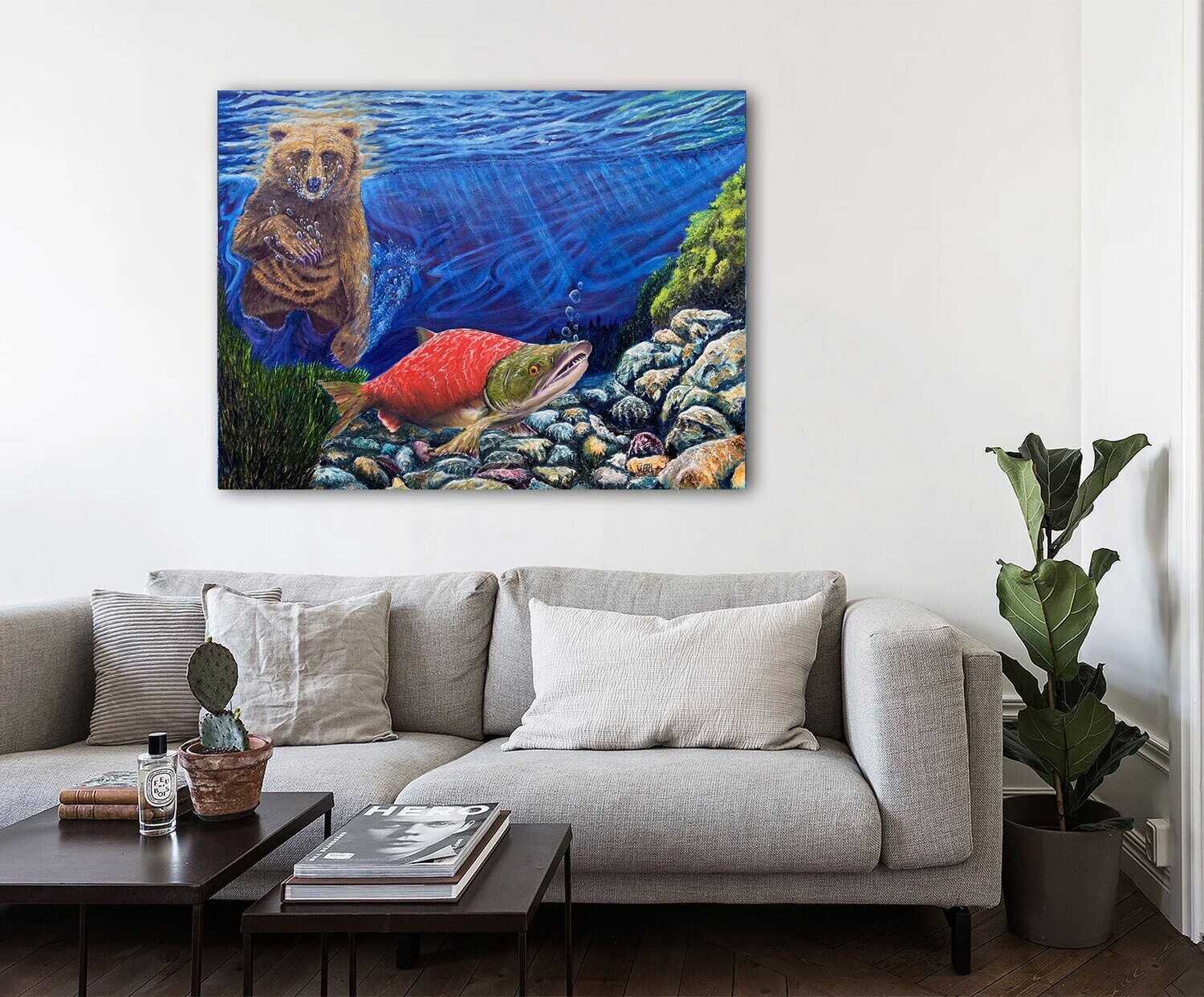art prints grizzly bear, salmon, living room, large canvas artwork