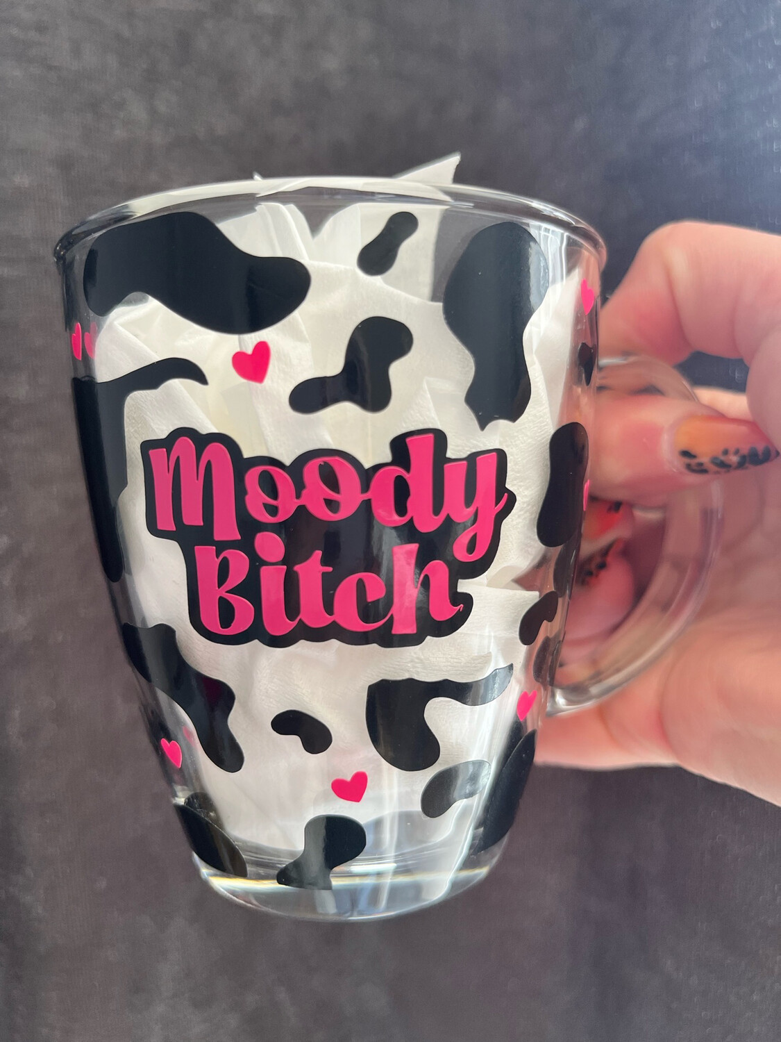 Moody Bitch Cow Print Glass Mug