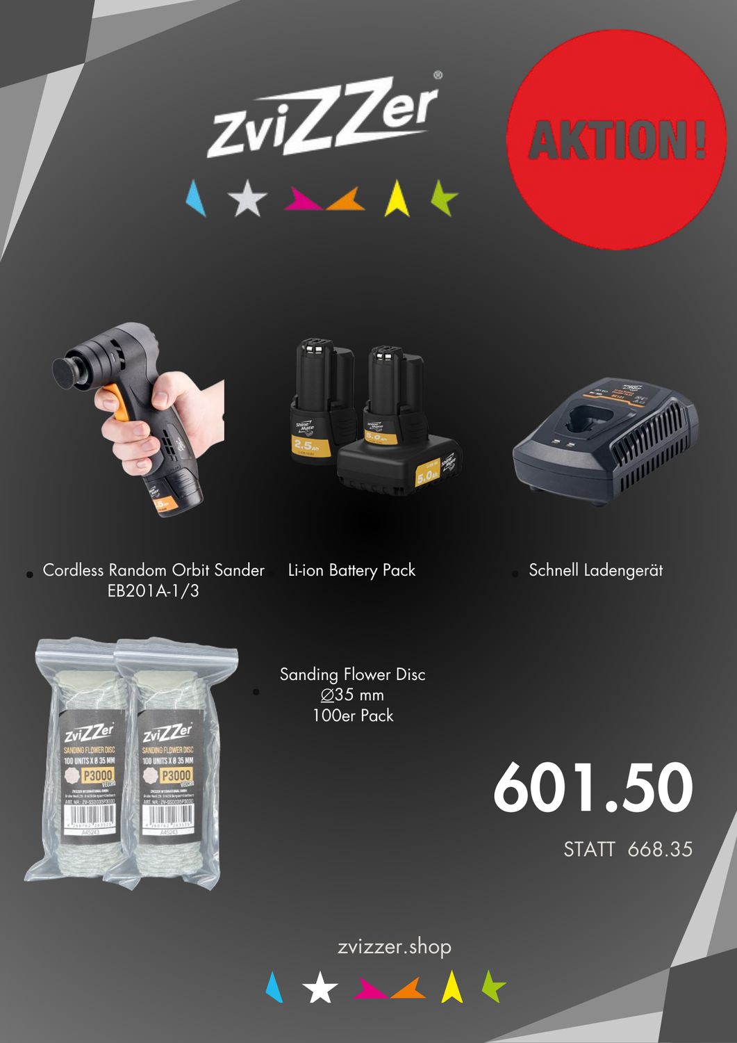 ZviZZer Akku Random Orbit Sander EB201A-1/3 Set mit Schleifpapier