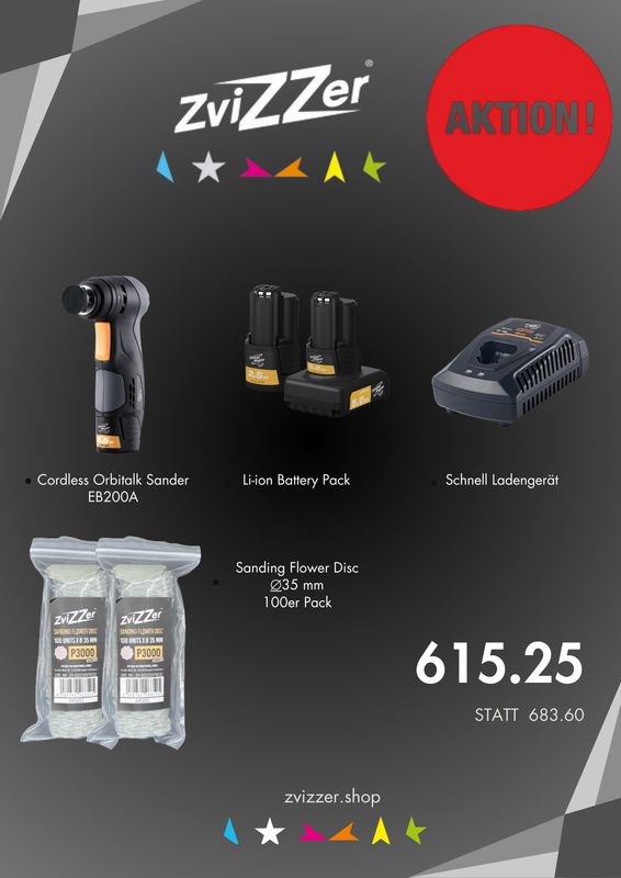 ZviZZer Akku Orbital Sander EB200A Set Mit Schleifpapier