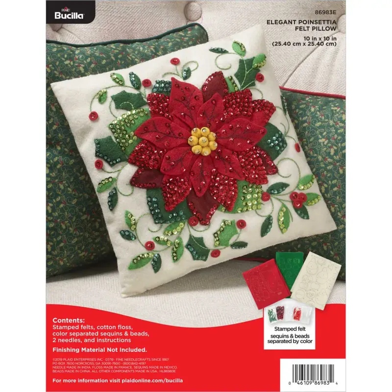 Elegant Poinsettia Pillow 86983E Bucilla Home Decor Felt Beaded Applique Kit