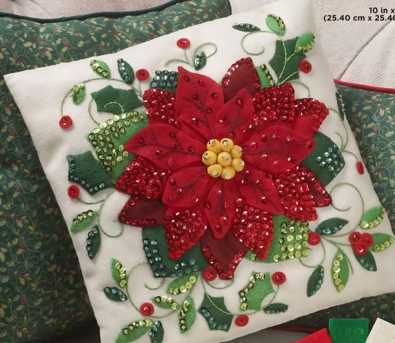 Elegant Poinsettia Pillow 86983E Bucilla Home Decor Felt Beaded Applique Kit