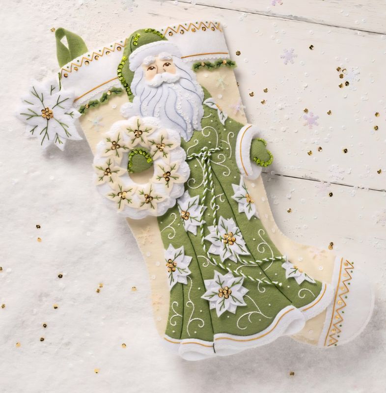 White Poinsettia Santa 89602E Bucilla Felt Applique 18" Stocking Kit - RETIRED PATTERN
