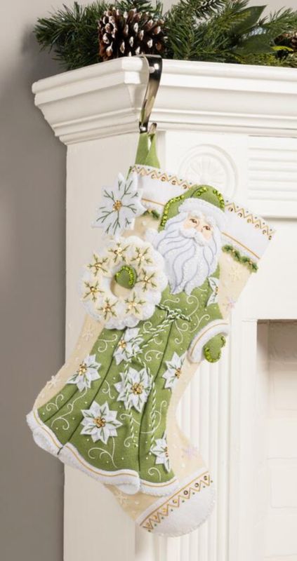 White Poinsettia Santa 89602E Bucilla Felt Applique 18" Stocking Kit - RETIRED PATTERN