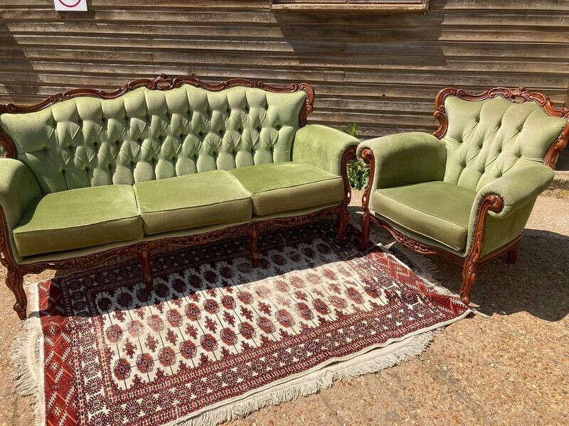 French Carved Oak Sofa & Armchair