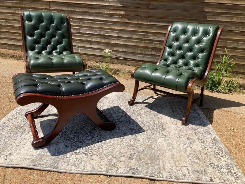 Chesterfield Green Leather Slipper Chairs & Footstool