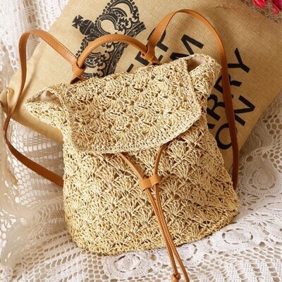 Crochet Straw Tote Backpack With Synching Leather Cord