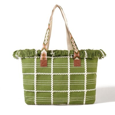Woven Cotton Checkered Tote Bag With Top Fringe Detail