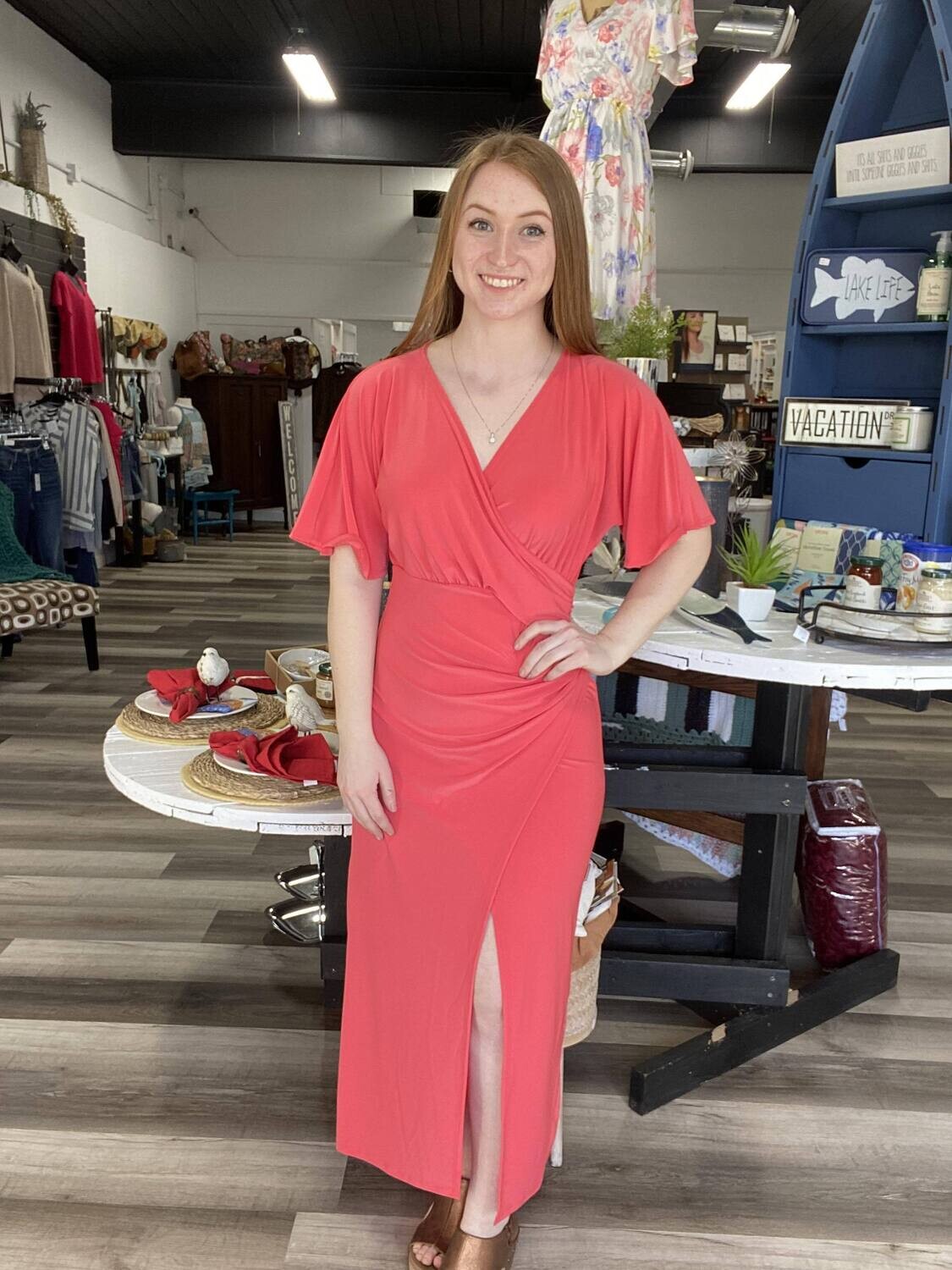 Coral Midi Wrap Dress