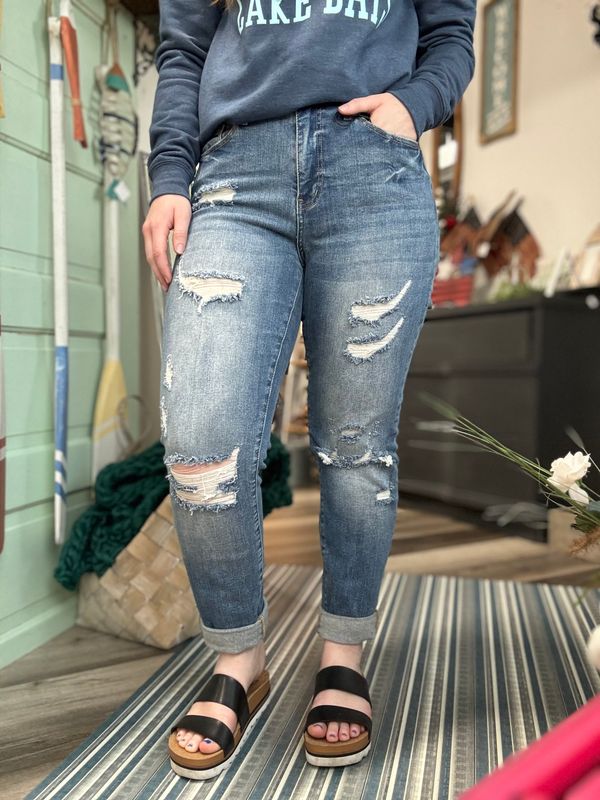 Judy Blue Hi-Waist Cuffed BF With Distruction