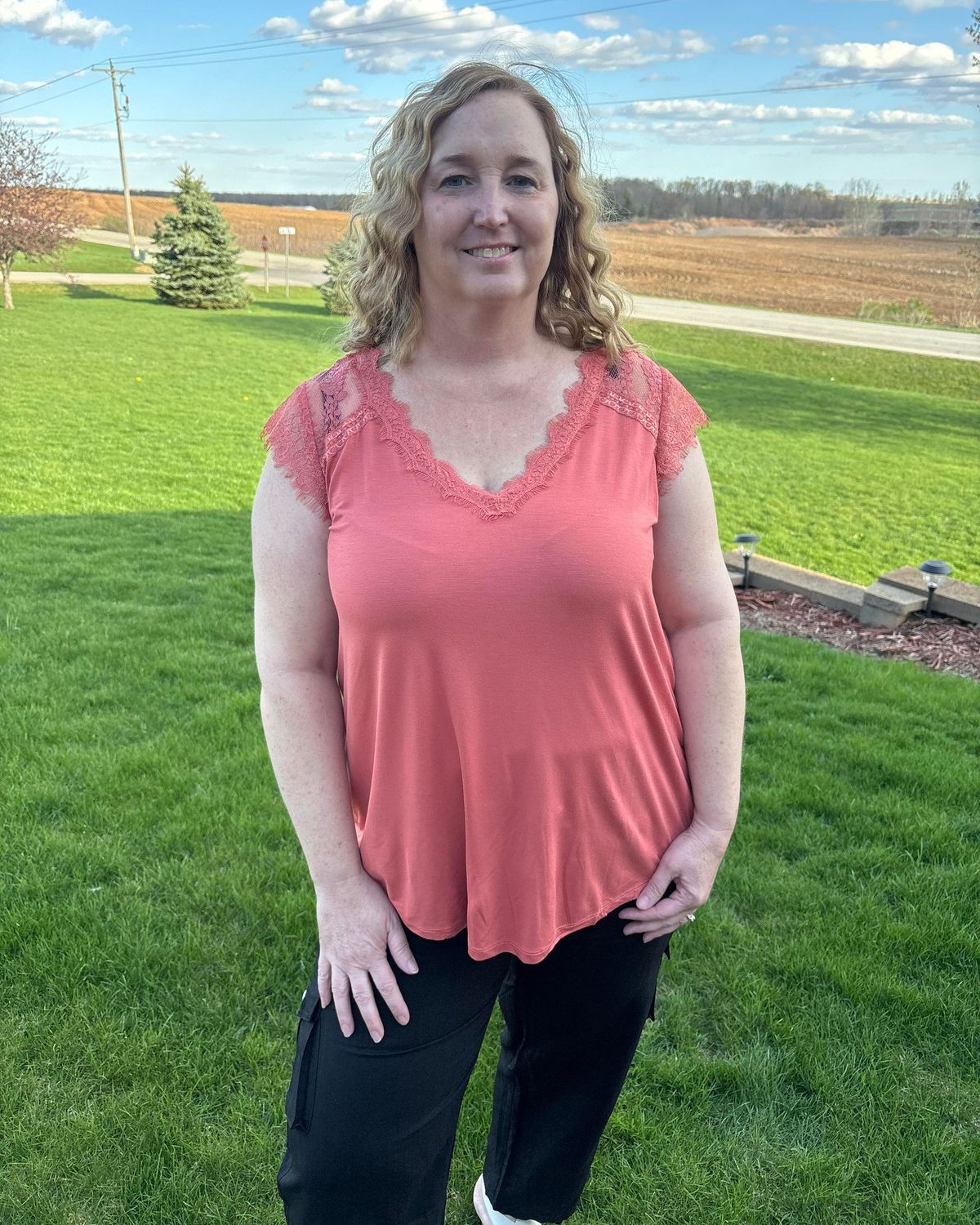 Marsala Lace Trim Cap Sleeve Top Plus