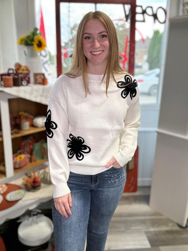 White Flower Embroidery Sweater Top