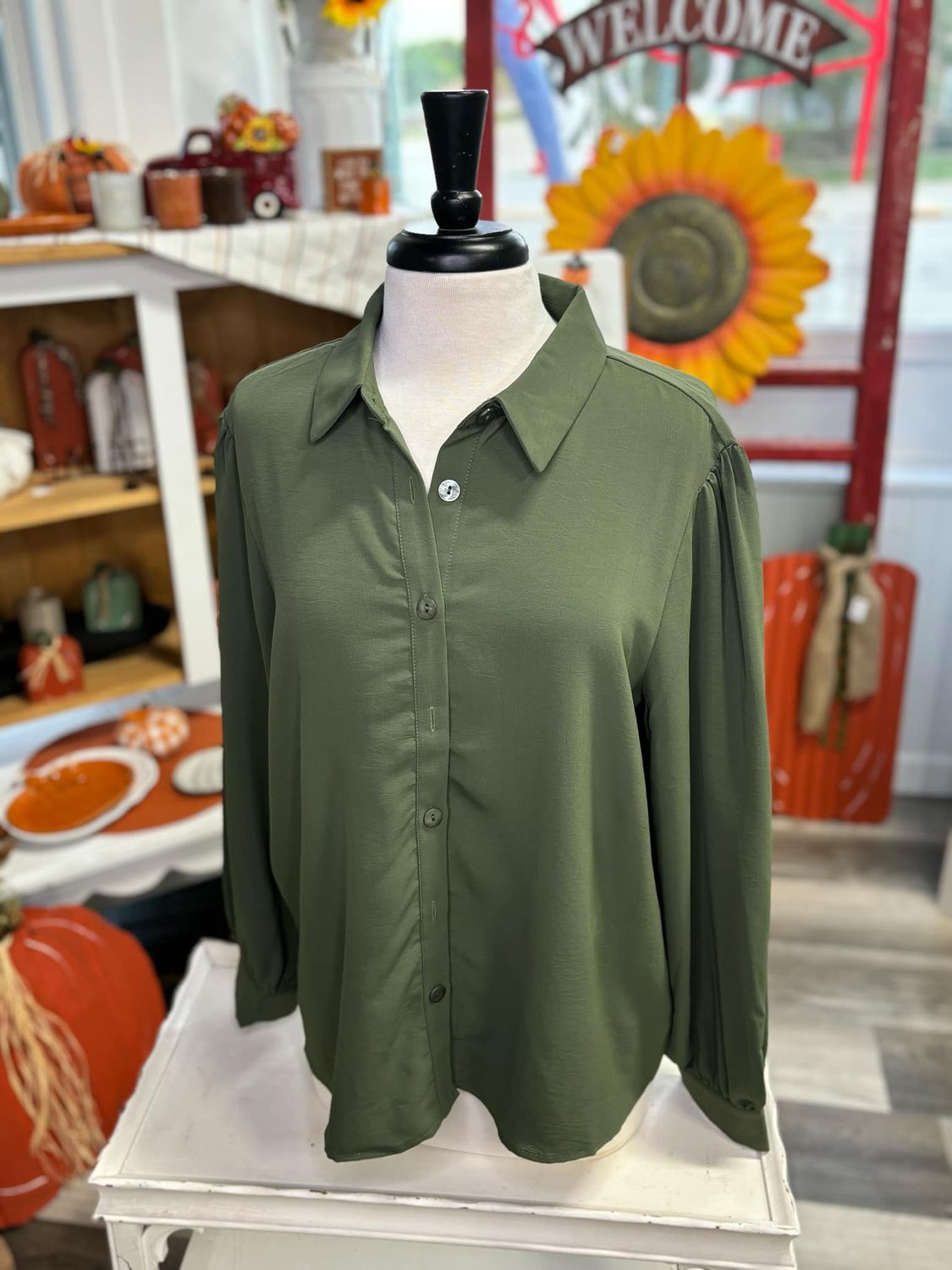 Olive Long Sleeve Button Down PLUS
