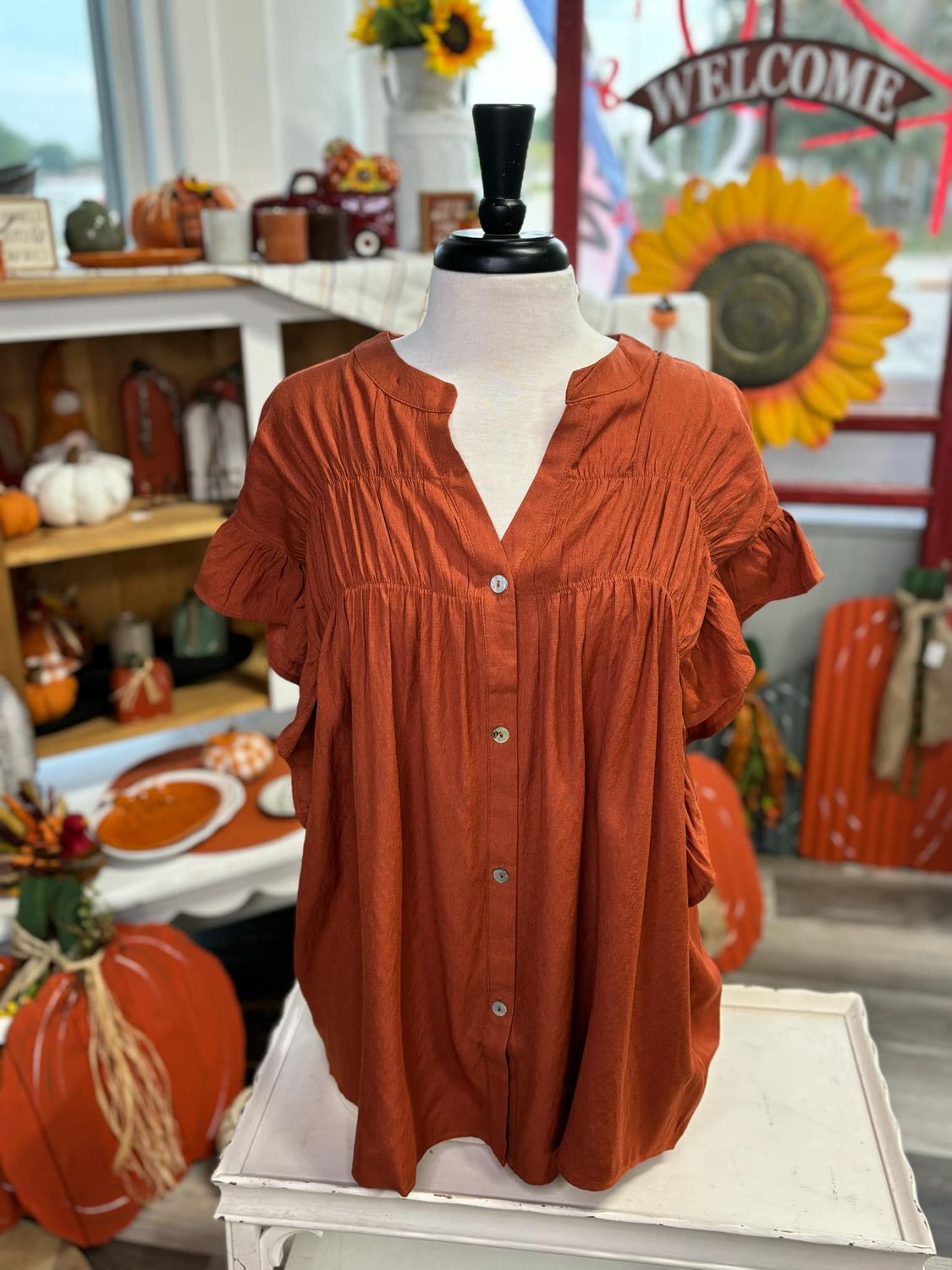 Rust V-Neck Ruffle Sleeve top