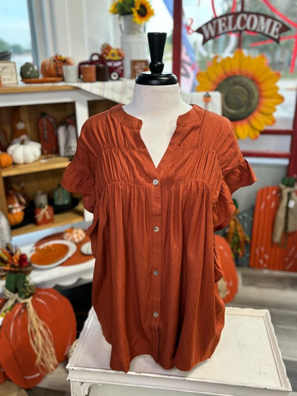 Rust V-Neck Ruffle Sleeve top