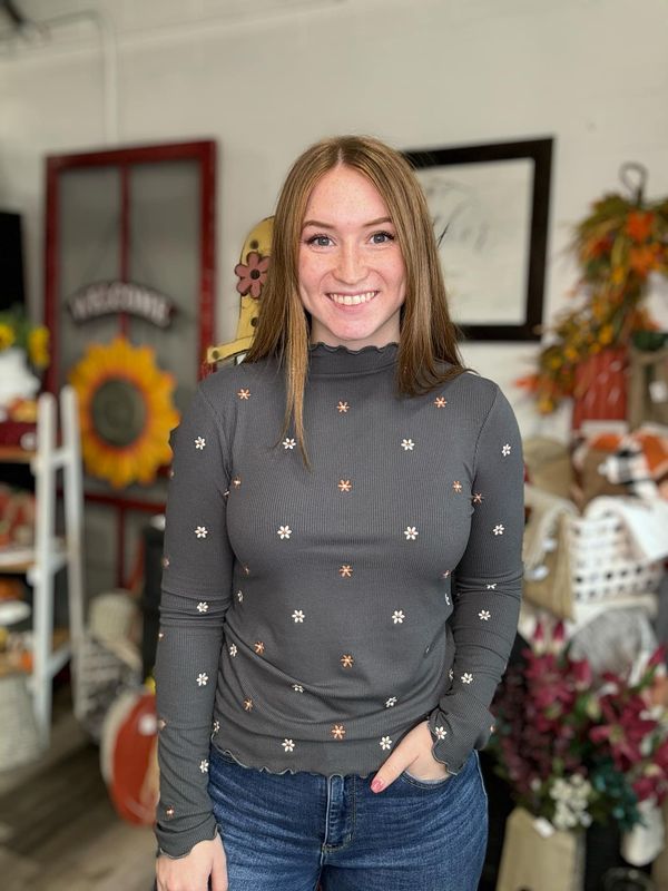 Embroidered Rib Mock Neck Long Sleeve Top