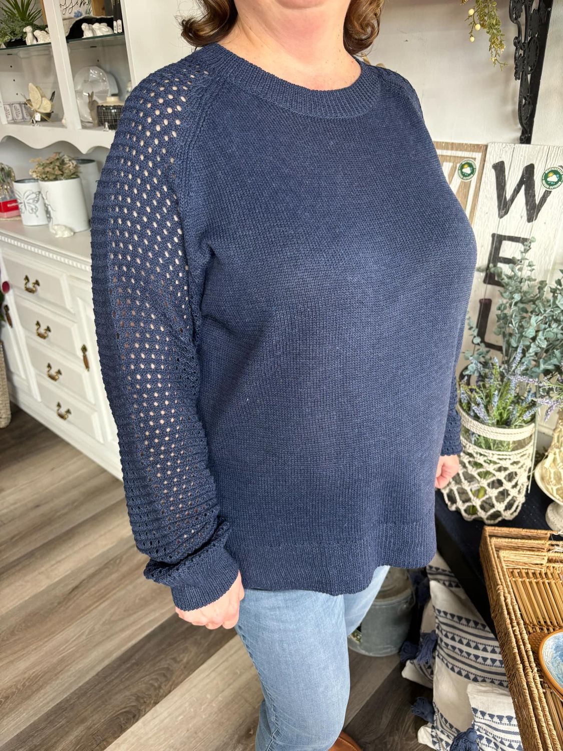 Navy Crochet Knit Sweater PLUS