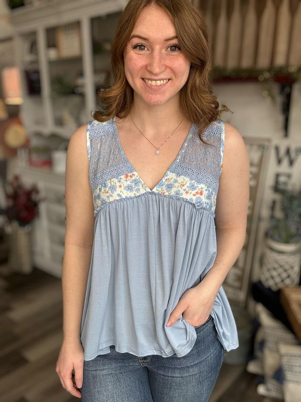 Pastel Blue With Floral Detail Flow Tank