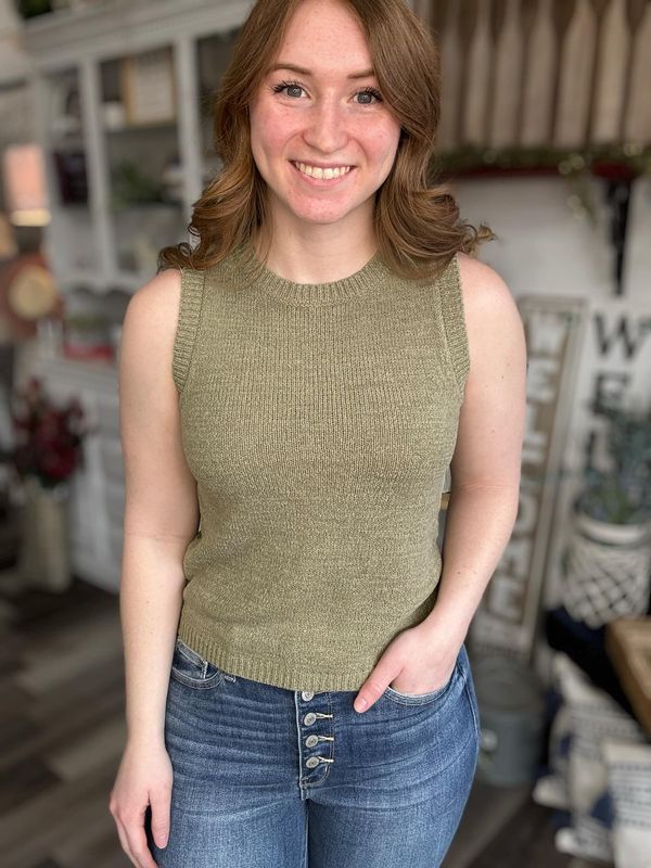 Light Olive Sleeveless Knit Pullover Sweater 