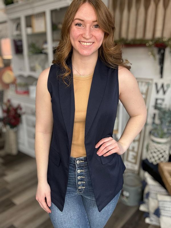 Navy Open Front Sleeveless Blazer