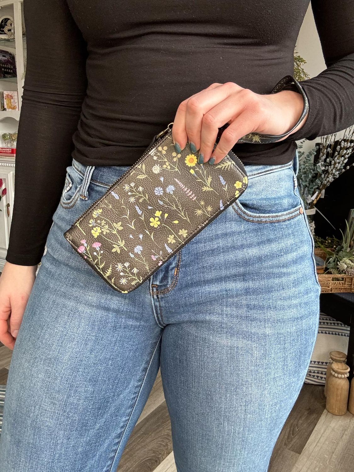 Black Multi Floral Chloe Printed Zip Around Wallet/Wristlet