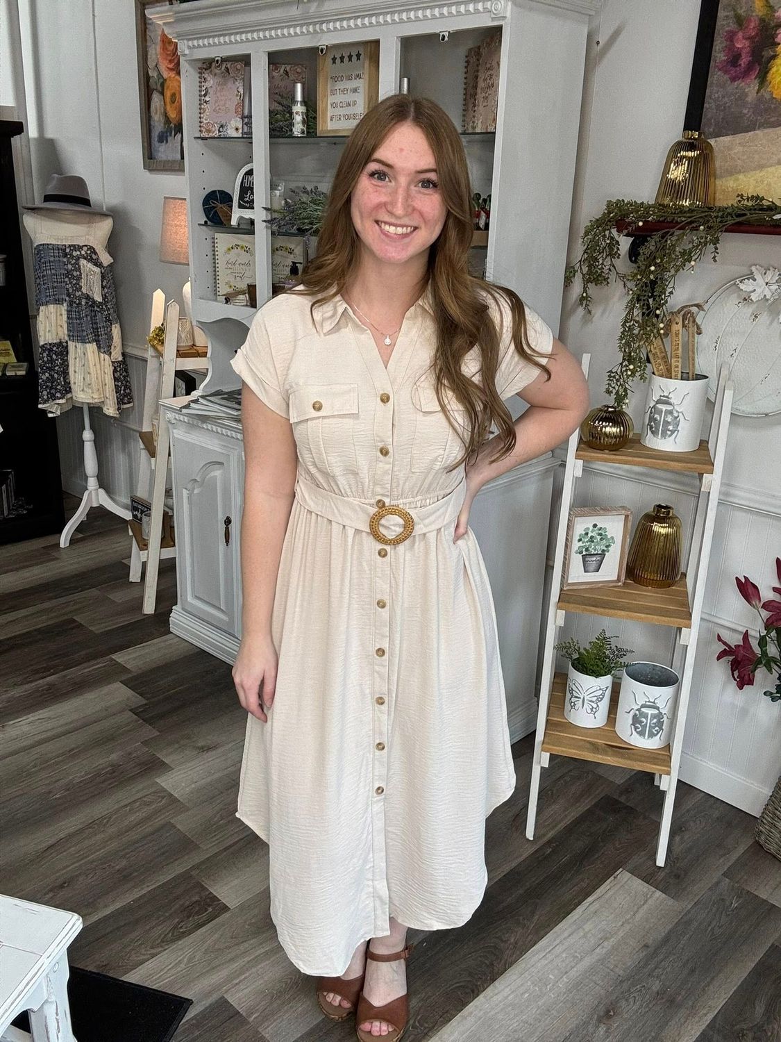 Beige Collared Button Down Dress