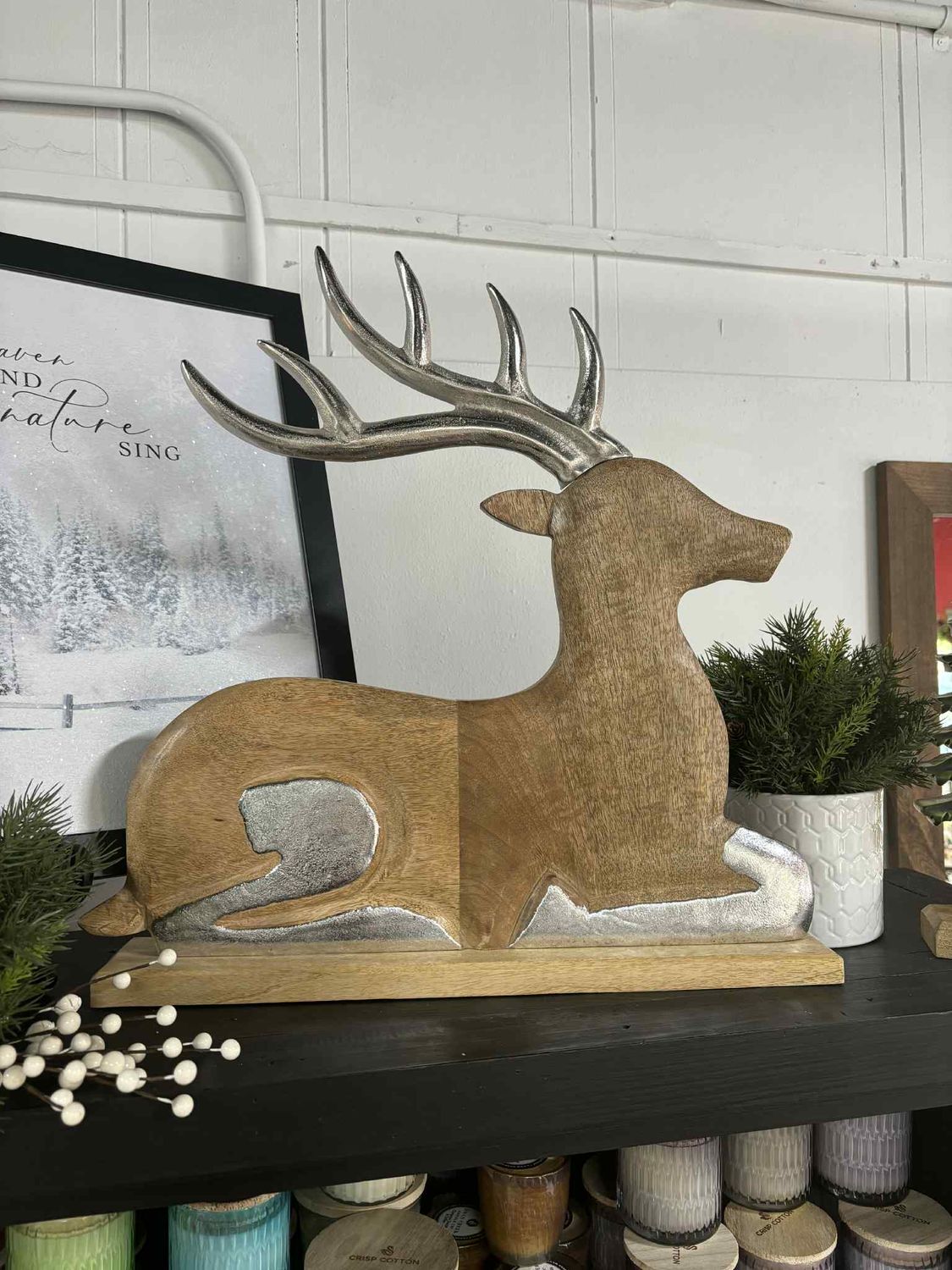 Wood &amp; Silver Resting Deer Figurine