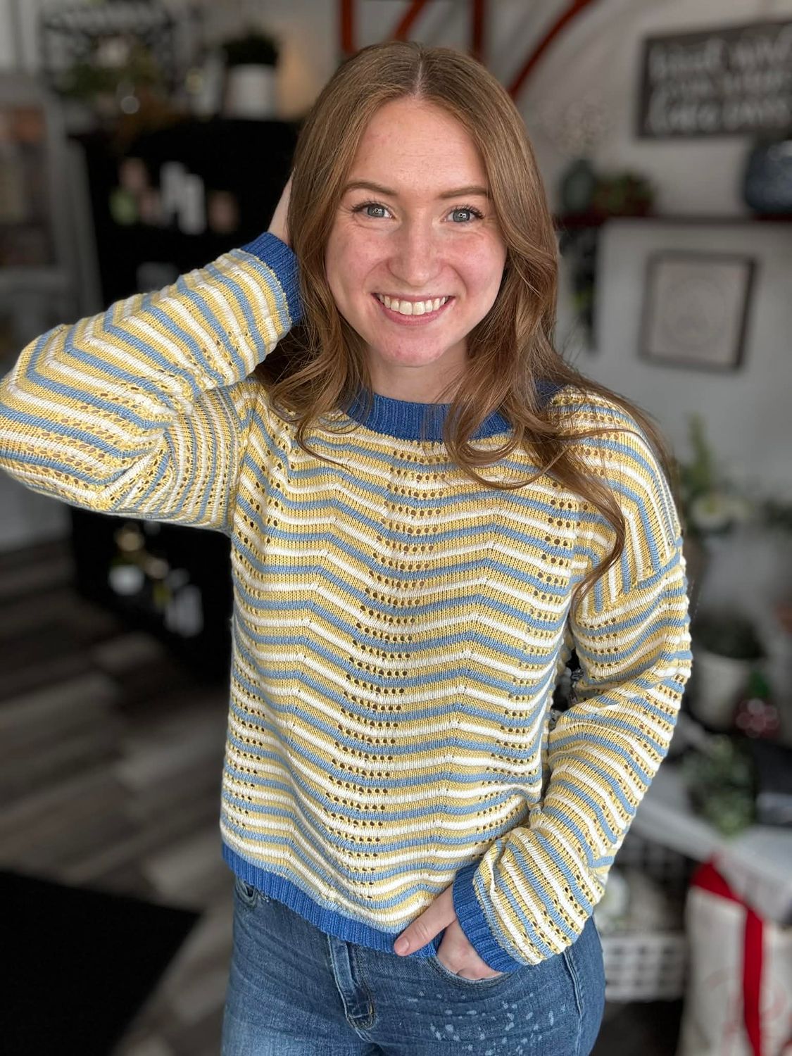Blue/Yellow Pointelle Round Neck Sweater