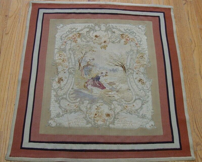 Antique 1850s French Aubusson (2'6"x 2'8") Pictorial Handmade Hanging Tapestry