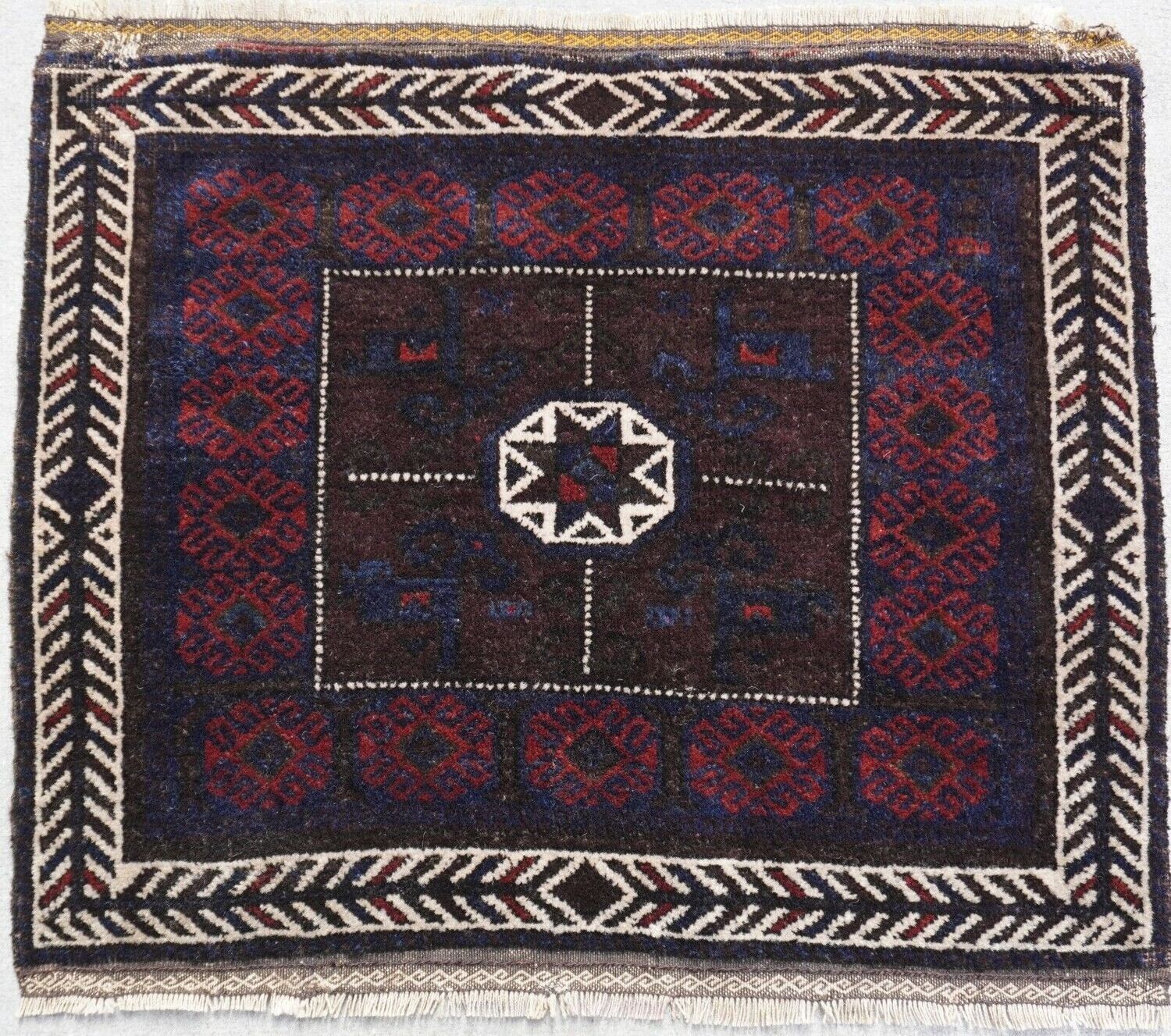 2' x 2'3" Antique Blue Baluch Persian Hand Knotted 100% Wool Tribal Saddle Bag-Face