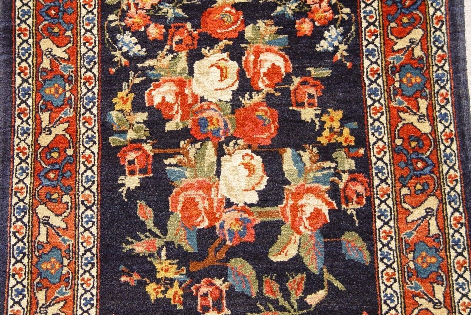 2' x 3' Antique 1900s Persian Sarouk Mohajiran Rose Bouquet Hand-knotted Wool Navy Rug